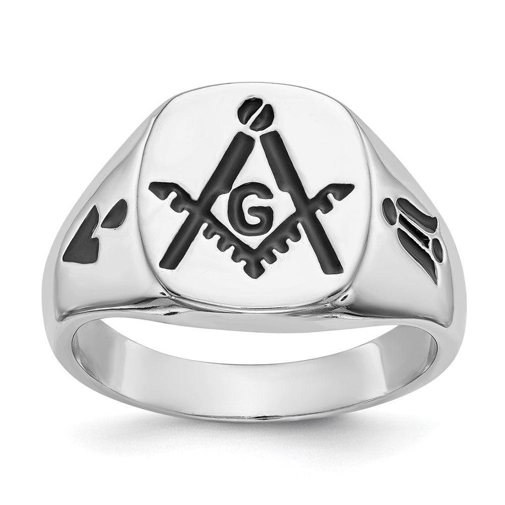 14k White Gold Men's Polished and Grooved with Black Enamel Masonic Ring
