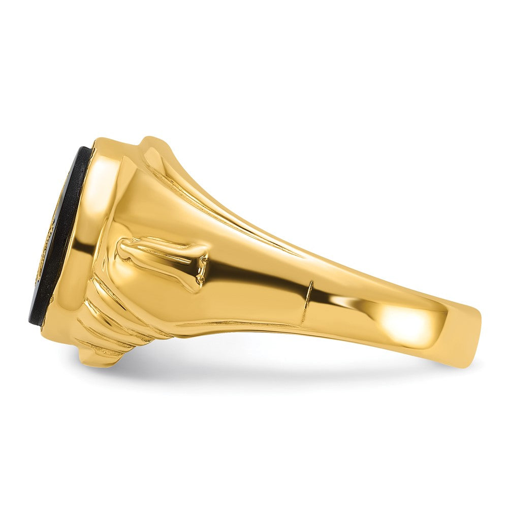 14k Men's Polished and Textured with Oval Onyx Masonic Ring