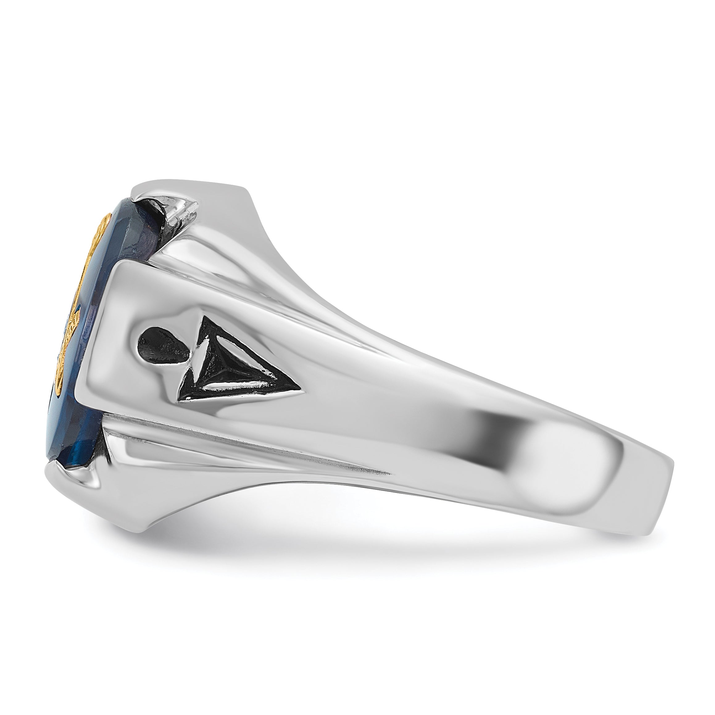 14k White Gold Men's Polished, Antiqued and Grooved with Imitation Blue Spinel Masonic Ring