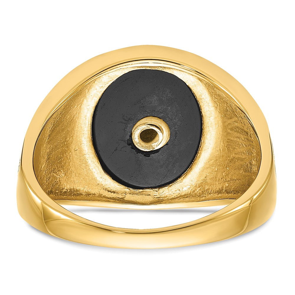 14k Men's Polished and Textured with Black Enamel and Oval Onyx Masonic Ring