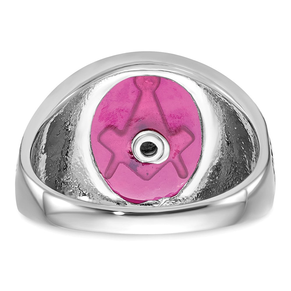 14k White Gold Men's Polished, Antiqued and Textured with Lab Created Ruby Masonic Ring