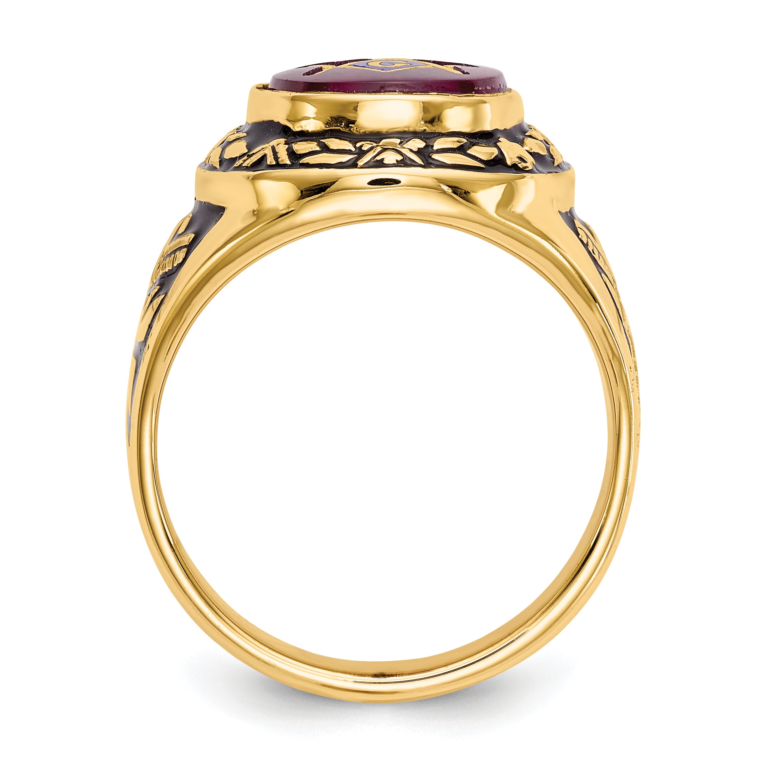 14k Men's Polished, Antiqued and Textured with Lab Created Ruby Masonic Ring