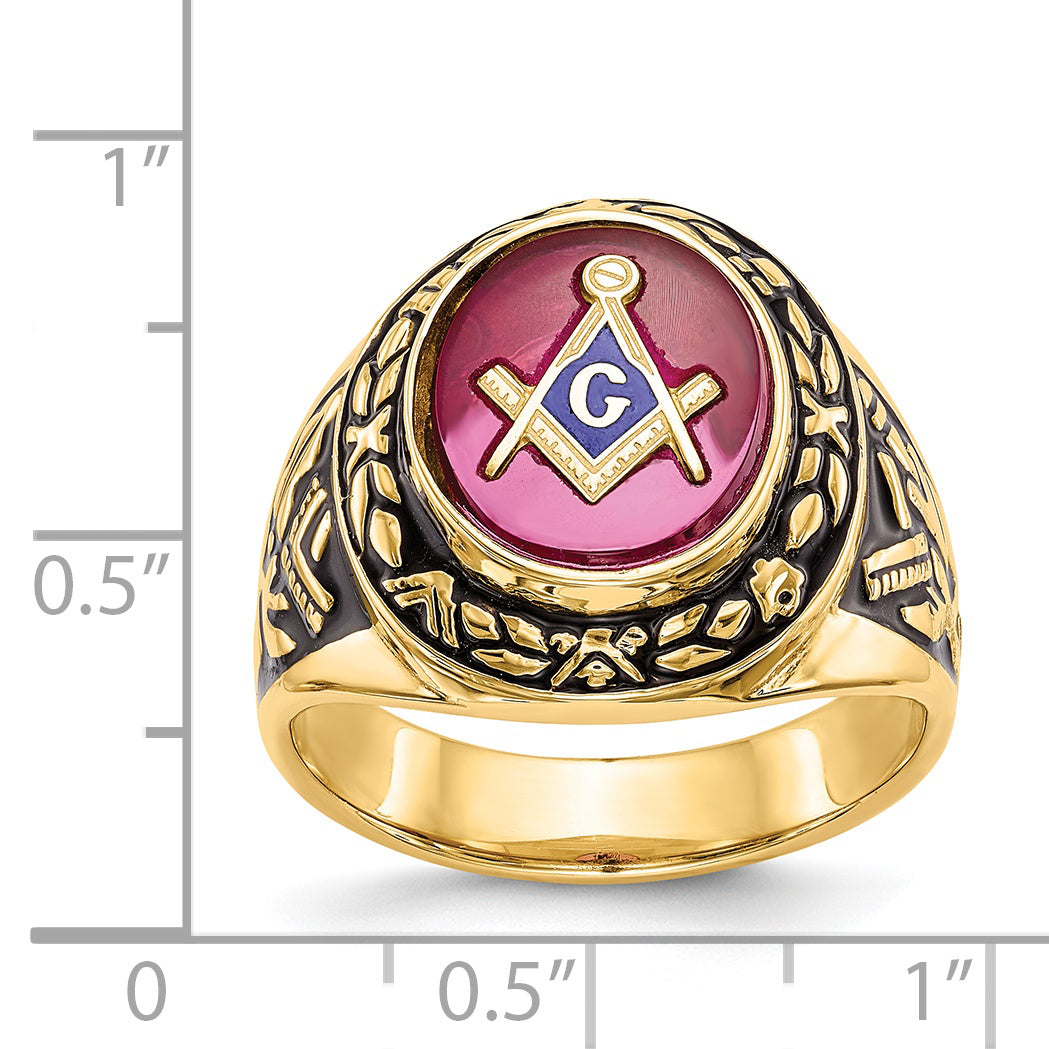 14k Men's Polished, Antiqued and Textured with Lab Created Ruby Masonic Ring