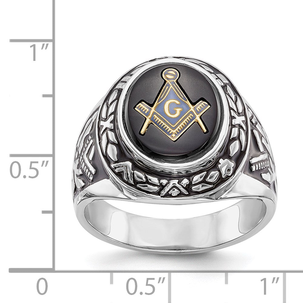 14k White Gold Men's Polished, Antiqued and Textured with Oval Onyx Masonic Ring