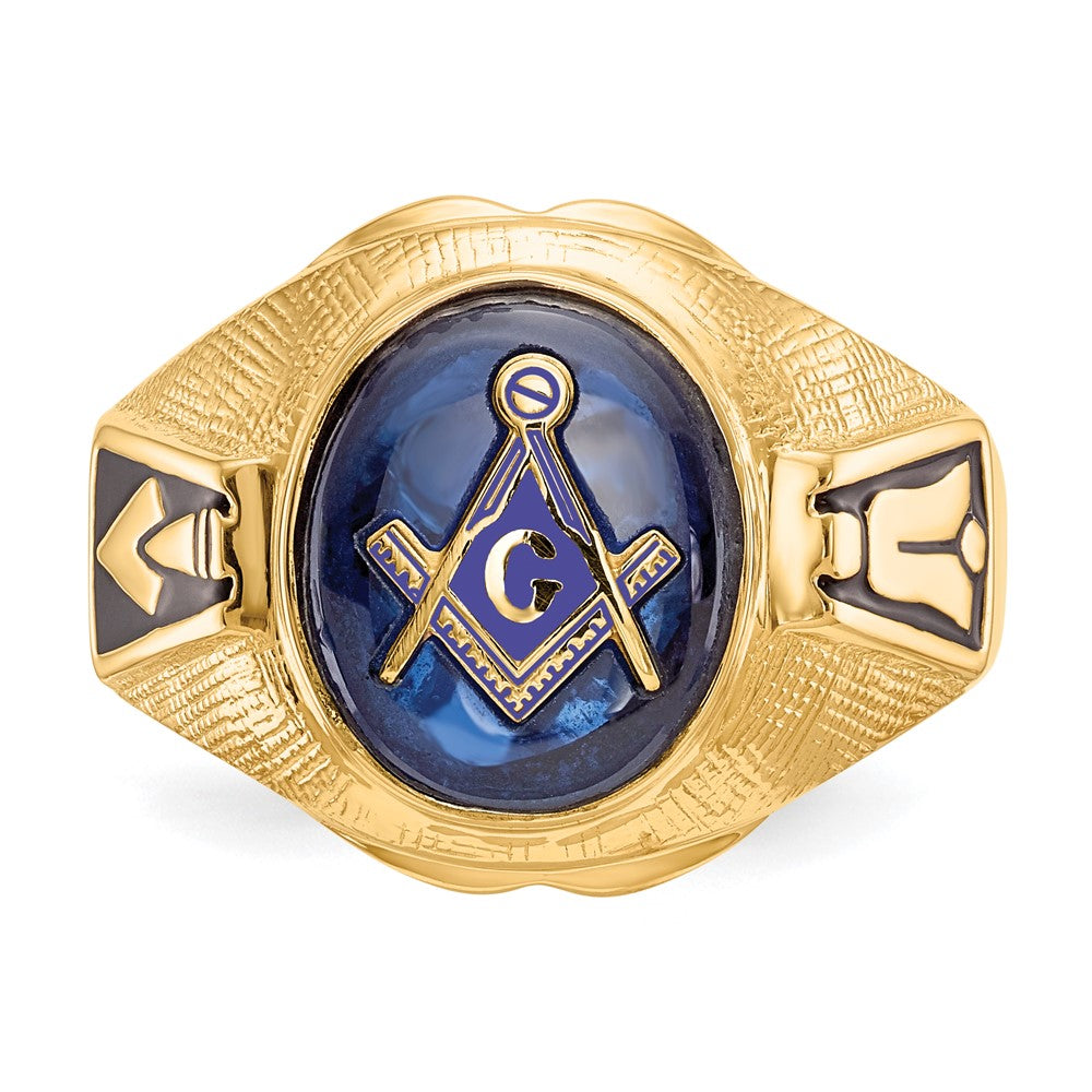 14k Men's Polished, Antiqued and Textured with Synthetic Blue Spinel Masonic Ring