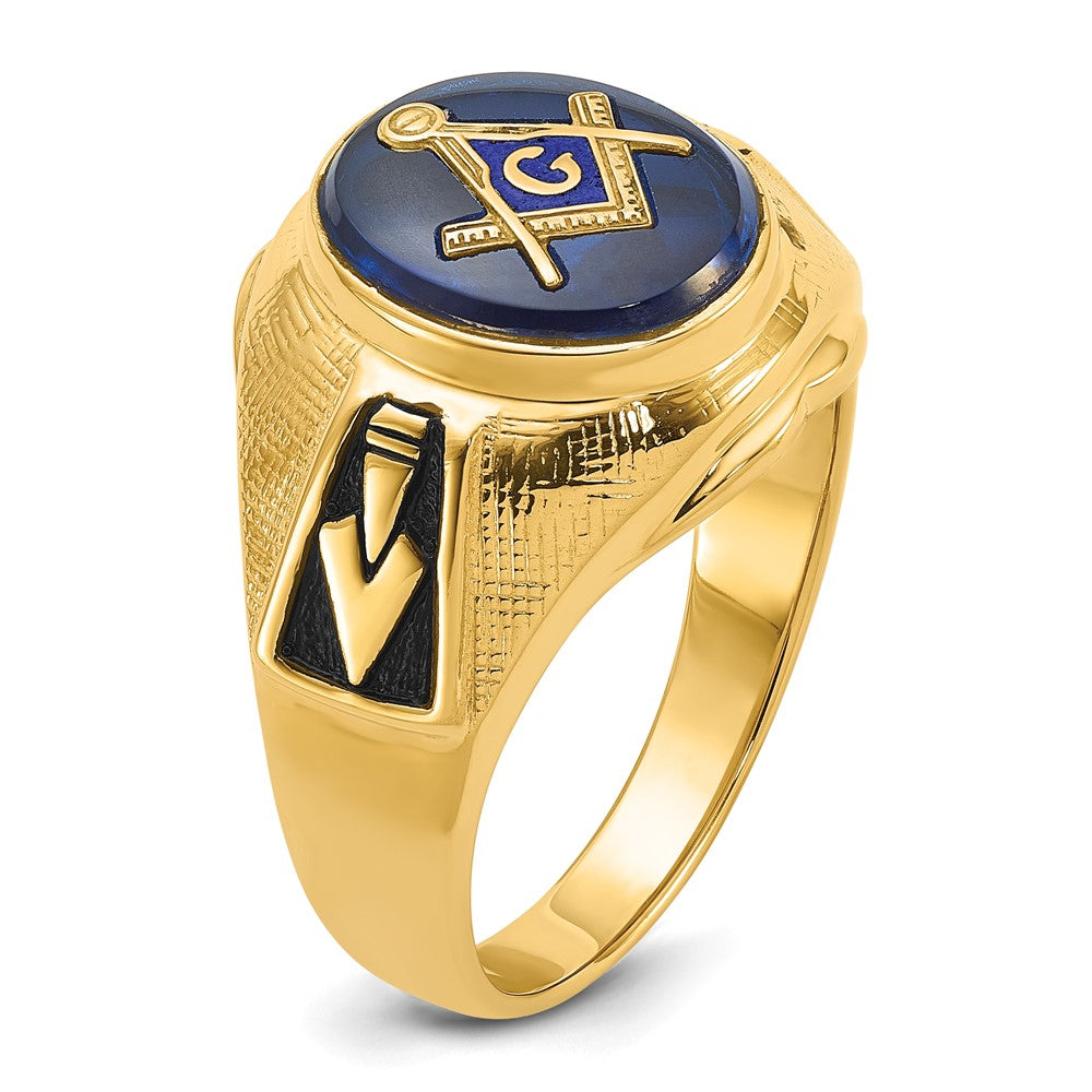 14k Men's Polished, Antiqued and Textured with Synthetic Blue Spinel Masonic Ring