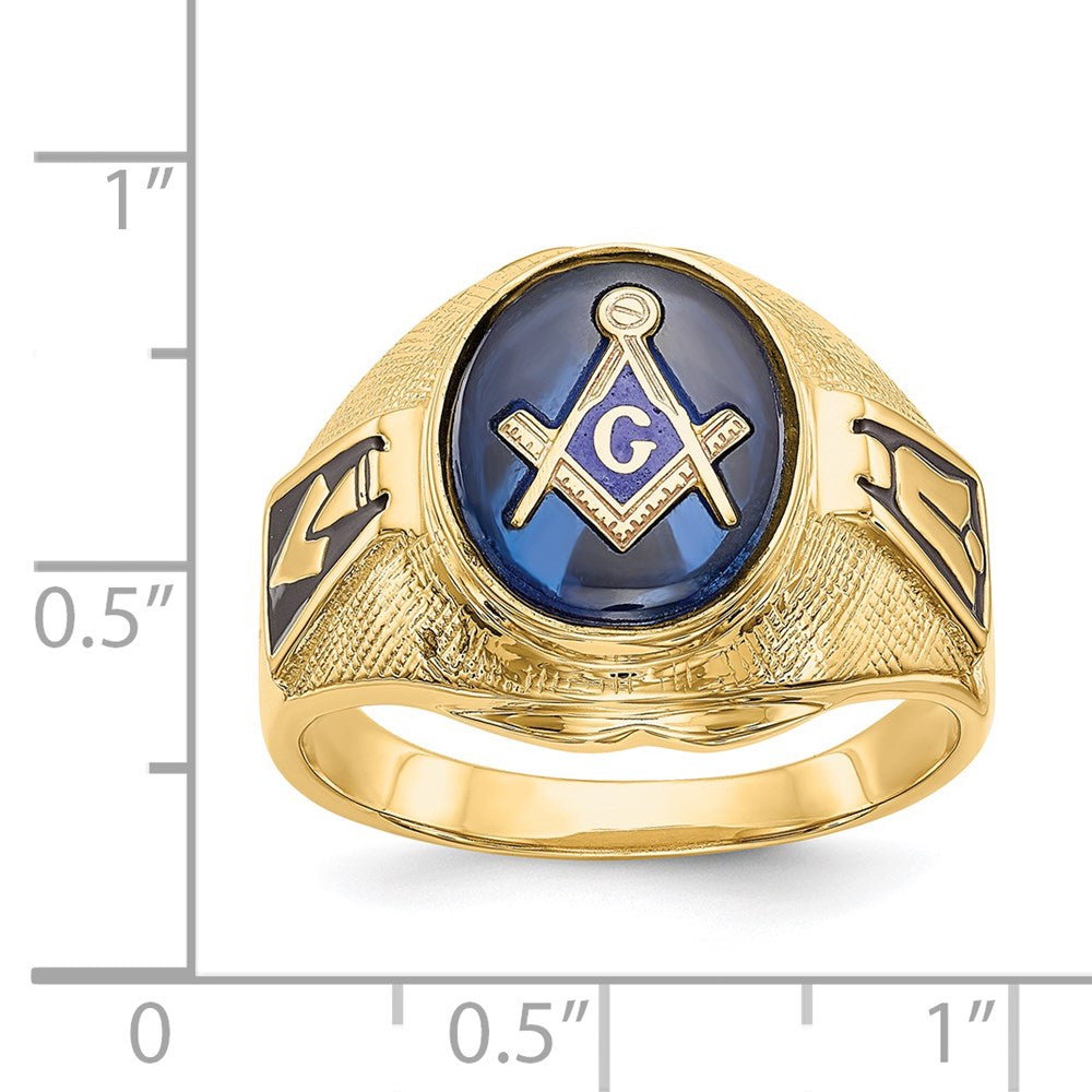 14k Men's Polished, Antiqued and Textured with Synthetic Blue Spinel Masonic Ring