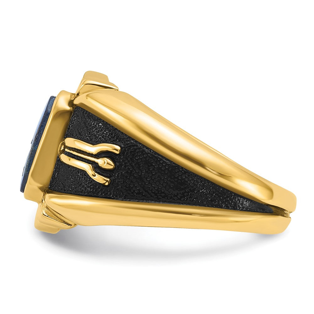 14k Men's Polished, Antiqued and Textured with Imitation Blue Spinel Masonic Ring