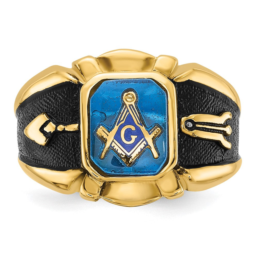 14k Men's Polished, Antiqued and Textured with Imitation Blue Spinel Masonic Ring