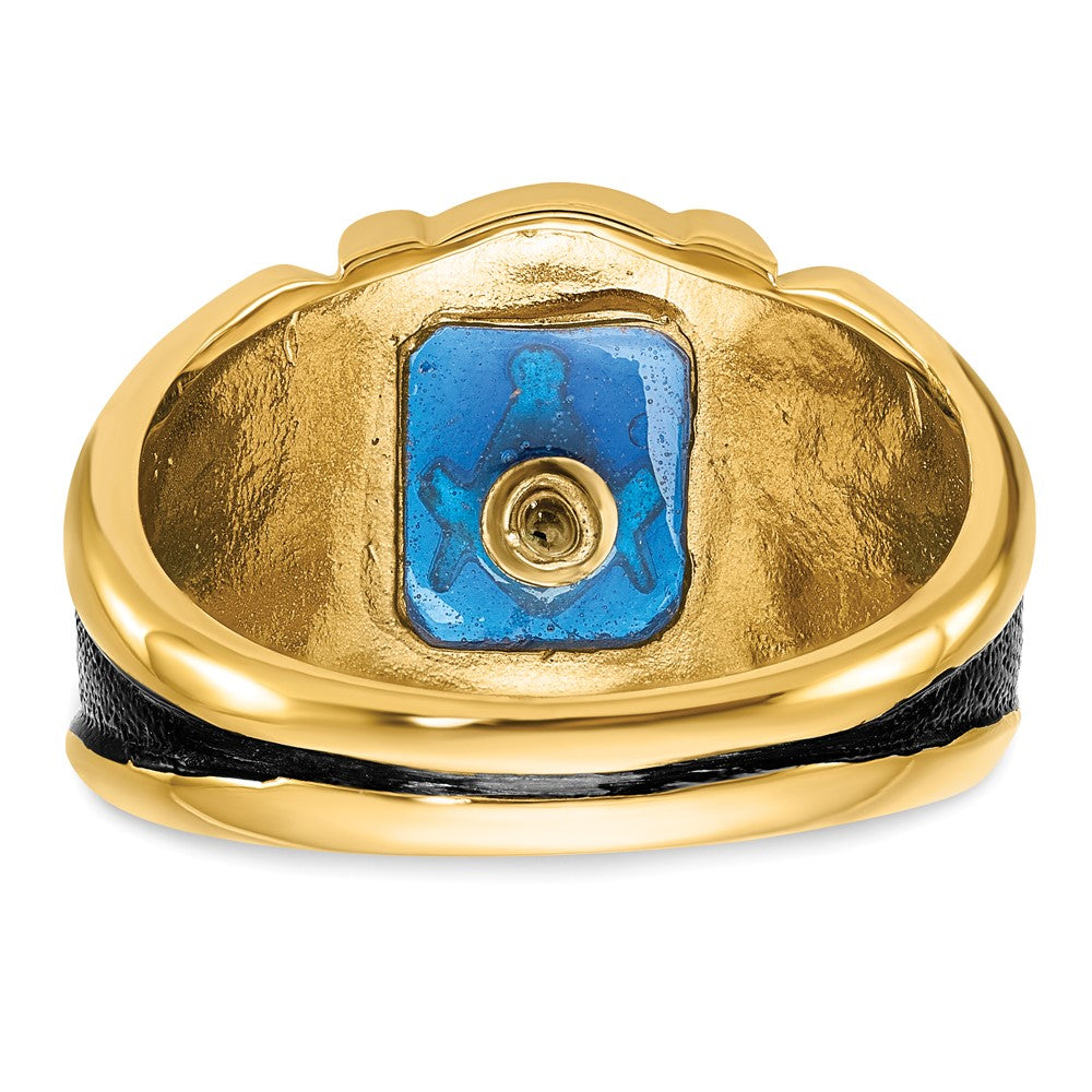 14k Men's Polished, Antiqued and Textured with Imitation Blue Spinel Masonic Ring