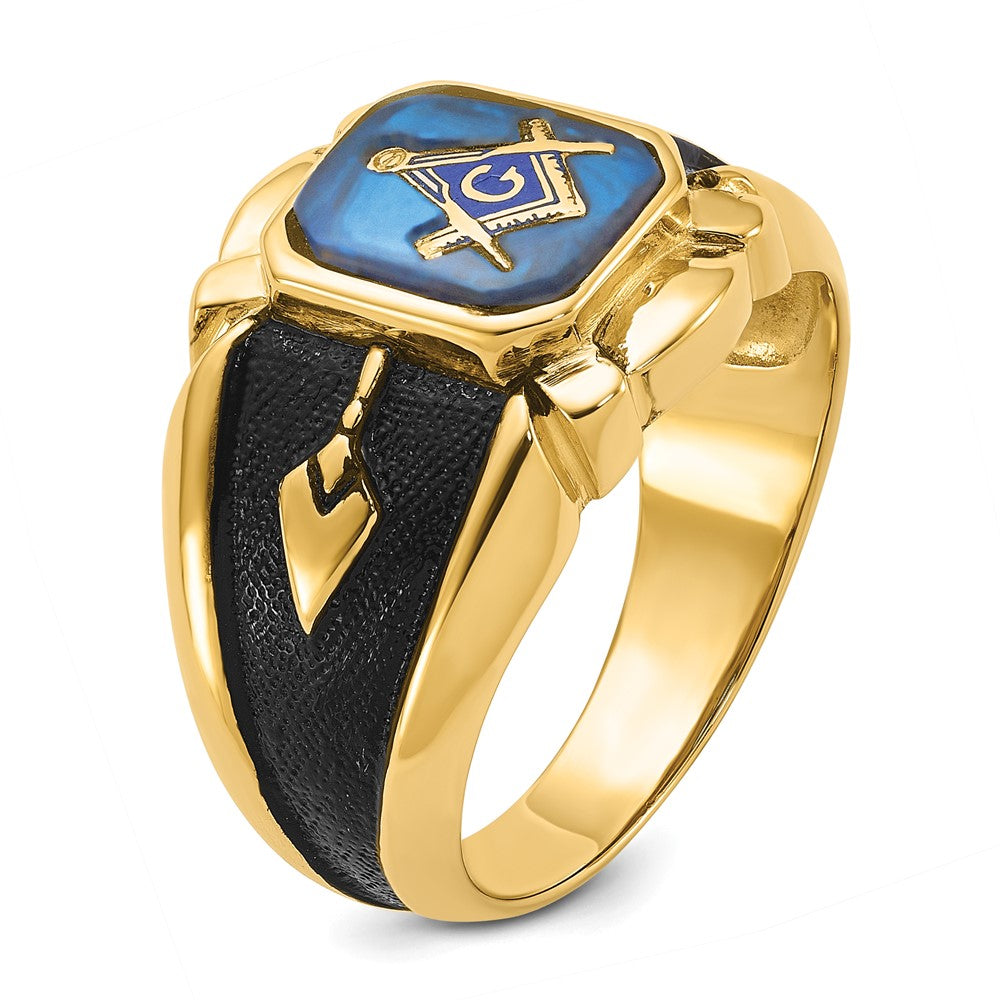 14k Men's Polished, Antiqued and Textured with Imitation Blue Spinel Masonic Ring