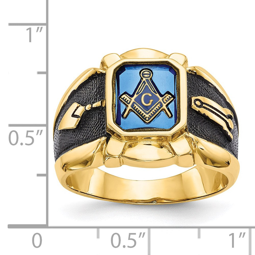 14k Men's Polished, Antiqued and Textured with Imitation Blue Spinel Masonic Ring