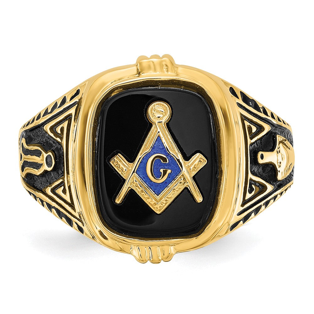 14k Men's Polished, Antiqued and Textured with Onyx Masonic Ring