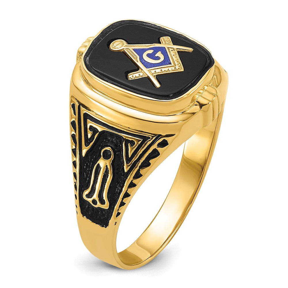 14k Men's Polished, Antiqued and Textured with Onyx Masonic Ring