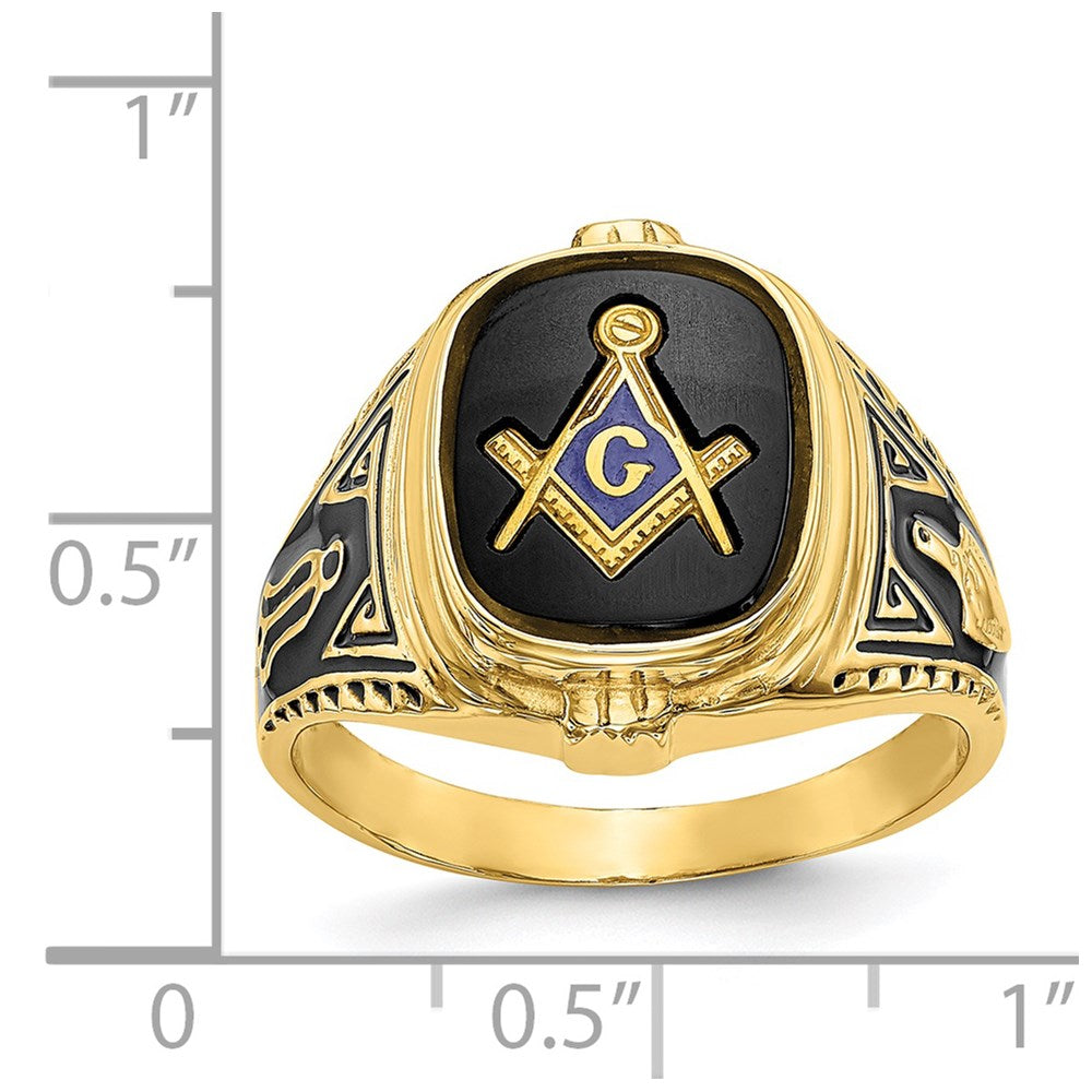 14k Men's Polished, Antiqued and Textured with Onyx Masonic Ring