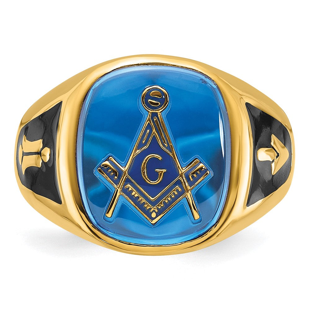 14k Men's Polished and Textured with Black Enamel and Imitation Blue Spinel Masonic Ring