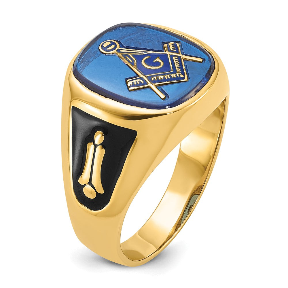 14k Men's Polished and Textured with Black Enamel and Imitation Blue Spinel Masonic Ring