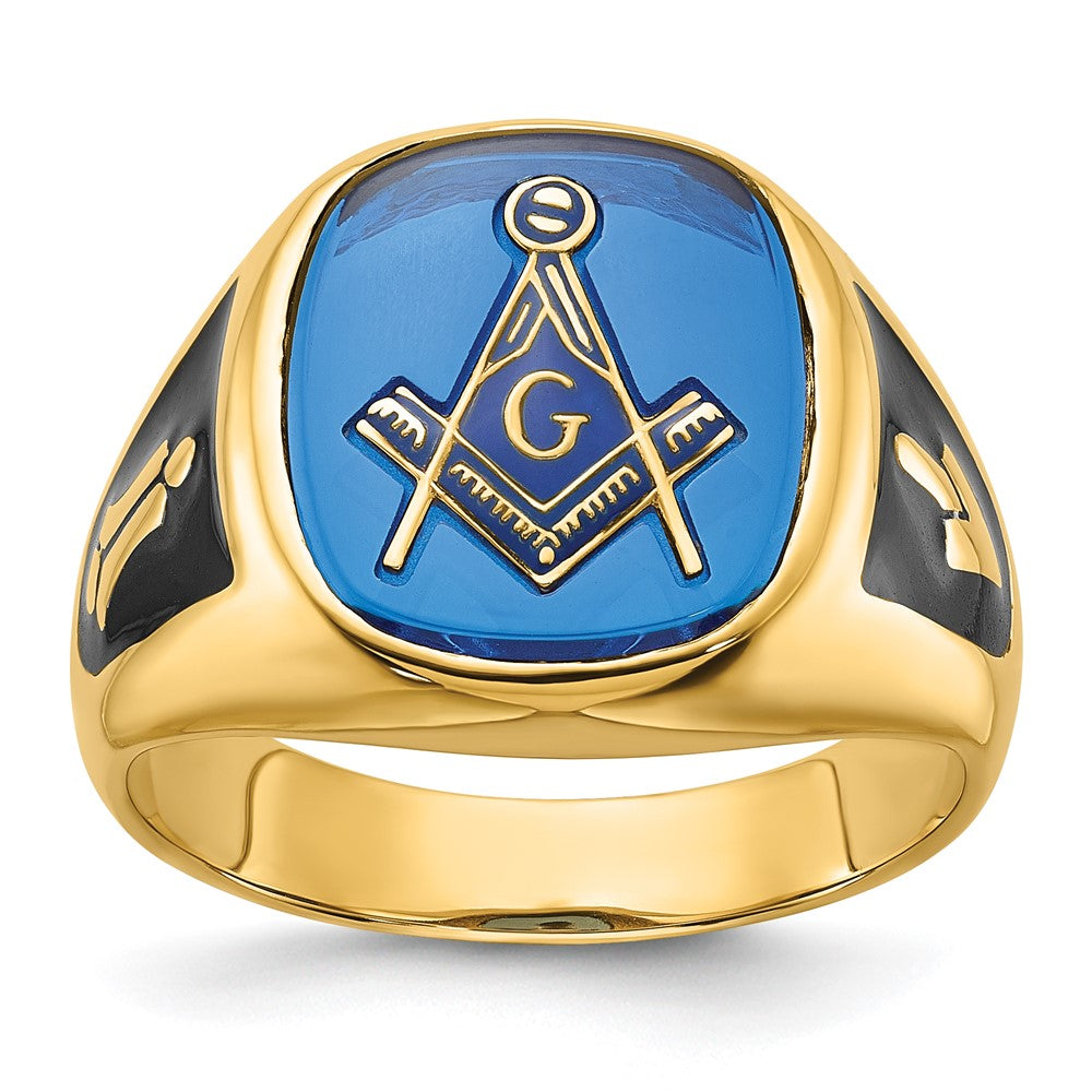 14k Men's Polished and Textured with Black Enamel and Imitation Blue Spinel Masonic Ring