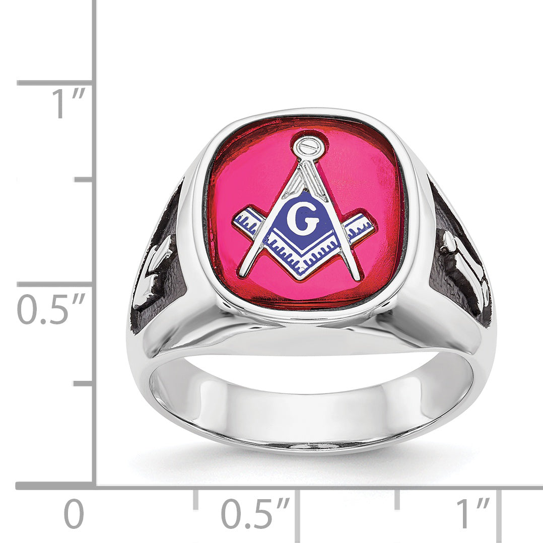 14k White Gold Men's Polished and Textured with Black Enamel and Lab Created Ruby Masonic Ring