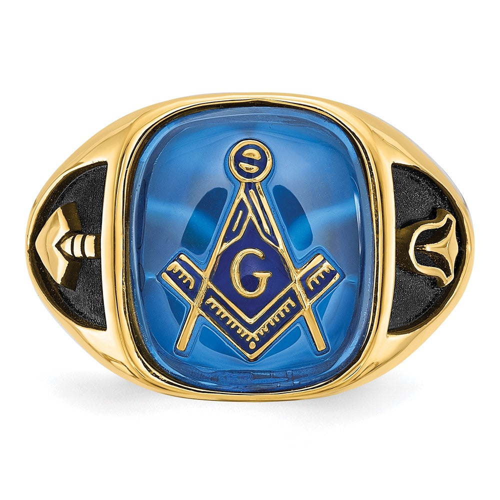14k Men's Polished, Antiqued and Textured with Imitation Blue Spinel Masonic Ring