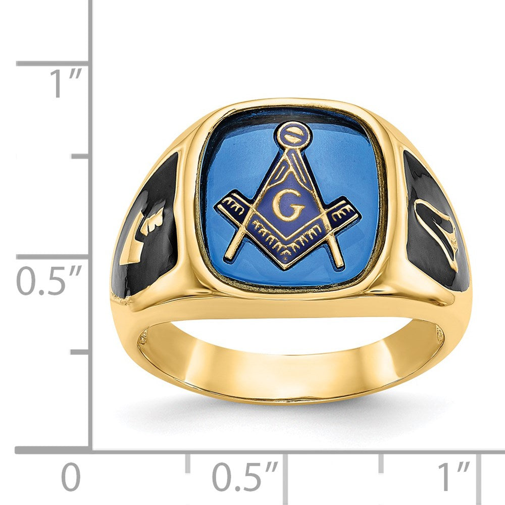 14k Men's Polished, Antiqued and Textured with Imitation Blue Spinel Masonic Ring