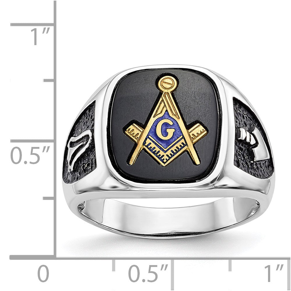 14k White Gold and Gold-plated Polished and Textured with Black Enamel and Onyx Masonic Ring