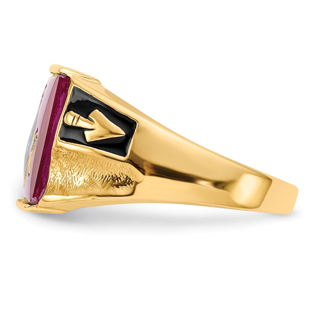 14k Men's Polished and Textured with Black Enamel and Lab Created Ruby Masonic Ring