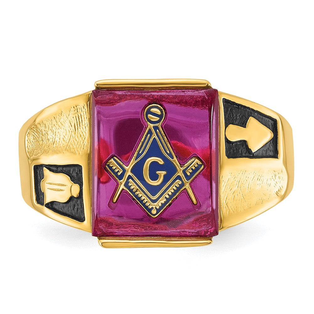 14k Men's Polished and Textured with Black Enamel and Lab Created Ruby Masonic Ring