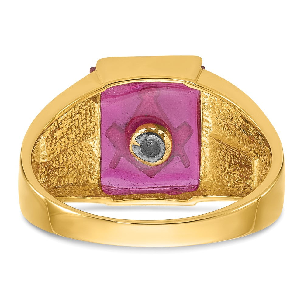 14k Men's Polished and Textured with Black Enamel and Lab Created Ruby Masonic Ring