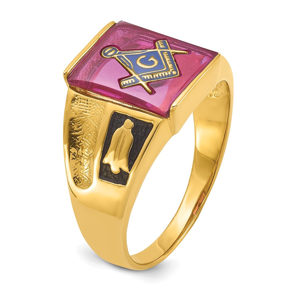 14k Men's Polished and Textured with Black Enamel and Lab Created Ruby Masonic Ring