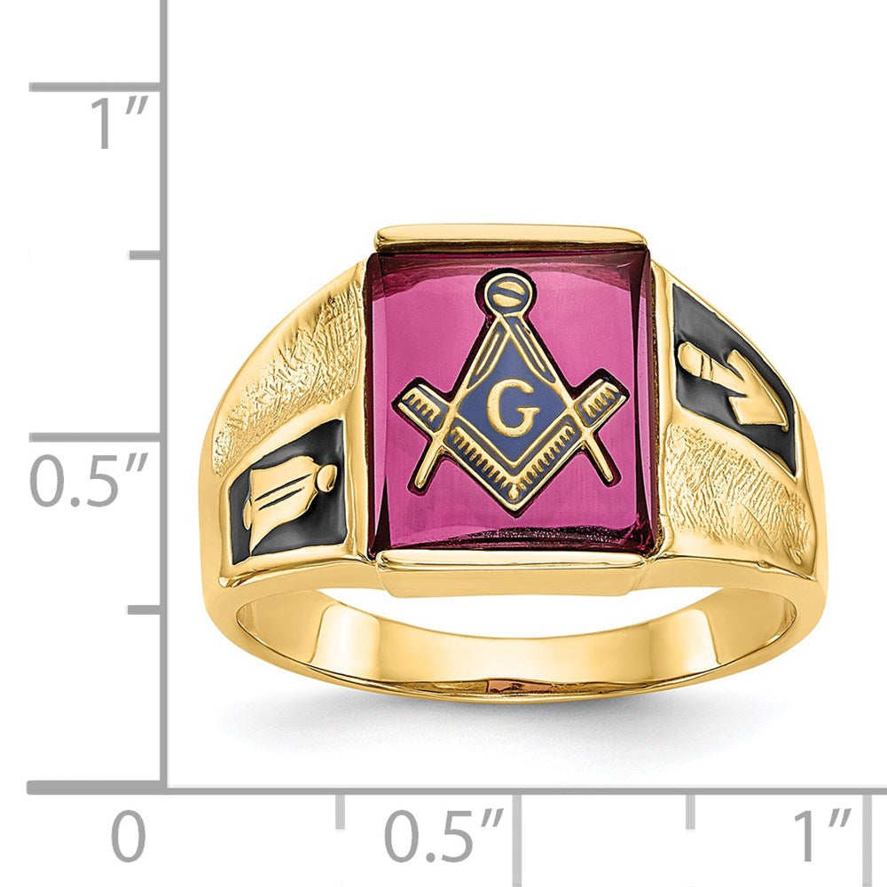 14k Men's Polished and Textured with Black Enamel and Lab Created Ruby Masonic Ring