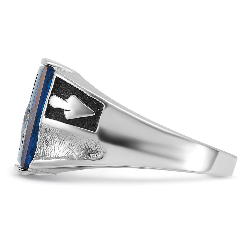 14k White Gold Men's Polished and Textured with Black Enamel and Imitation Blue Spinel Masonic Ring