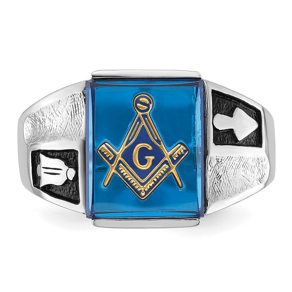 14k White Gold Men's Polished and Textured with Black Enamel and Imitation Blue Spinel Masonic Ring