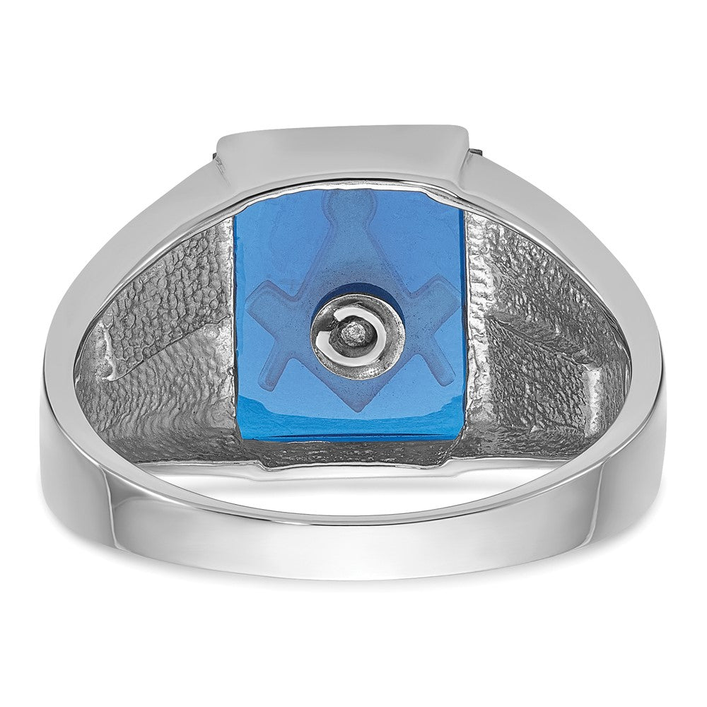 14k White Gold Men's Polished and Textured with Black Enamel and Imitation Blue Spinel Masonic Ring