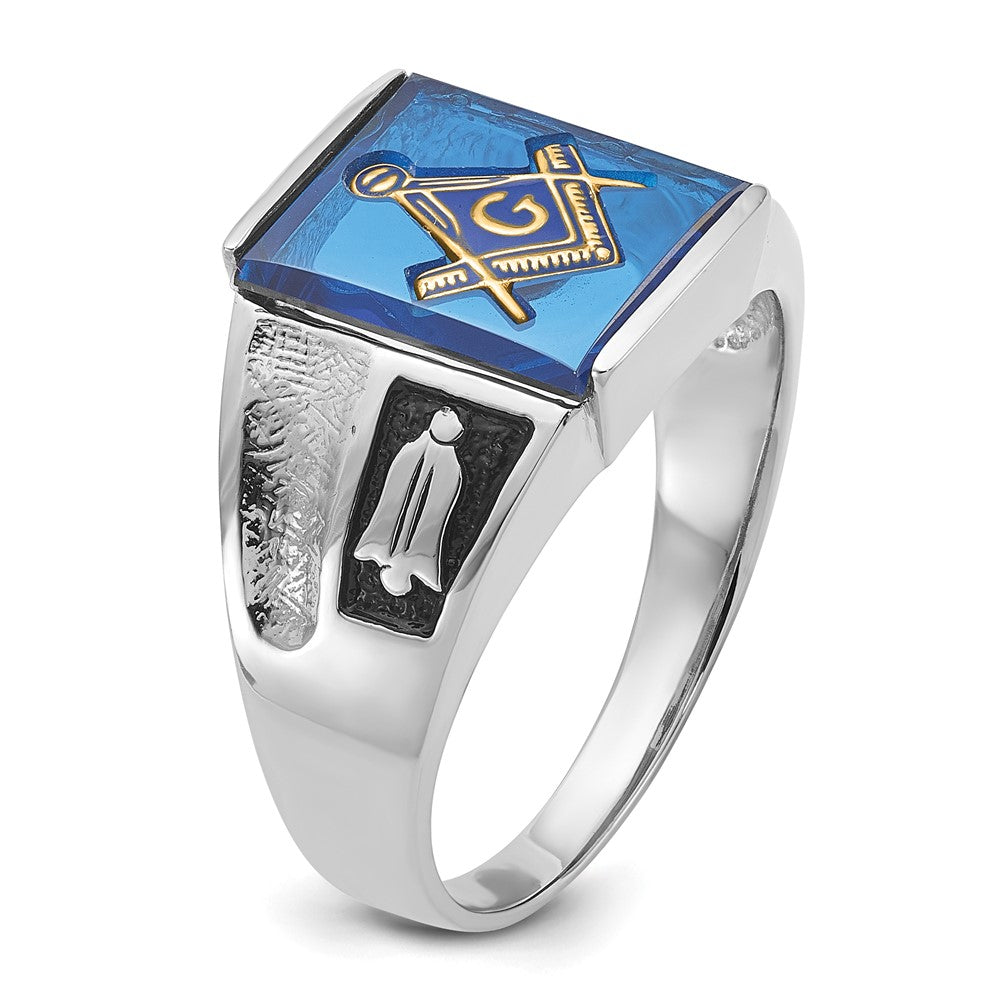 14k White Gold Men's Polished and Textured with Black Enamel and Imitation Blue Spinel Masonic Ring