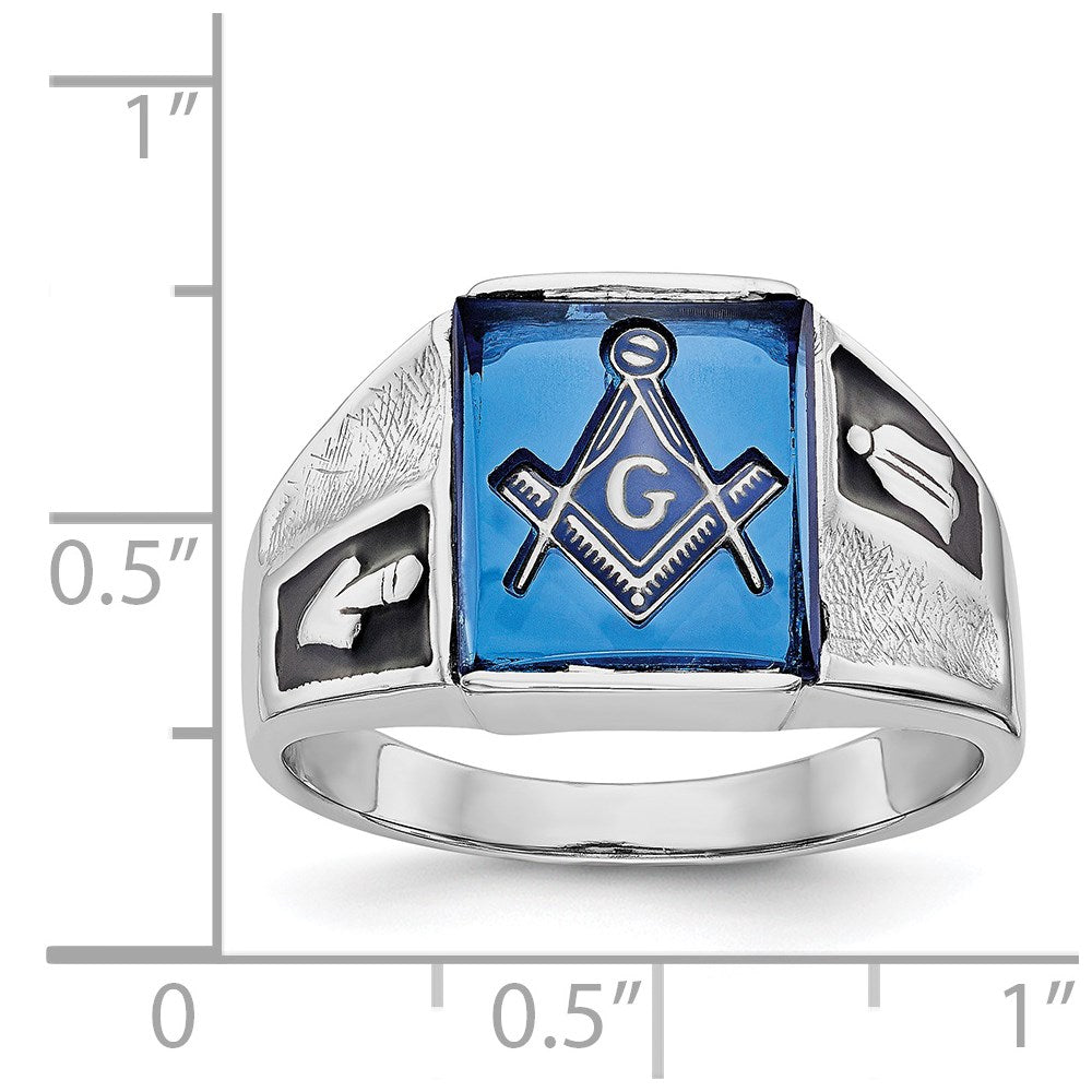 14k White Gold Men's Polished and Textured with Black Enamel and Imitation Blue Spinel Masonic Ring