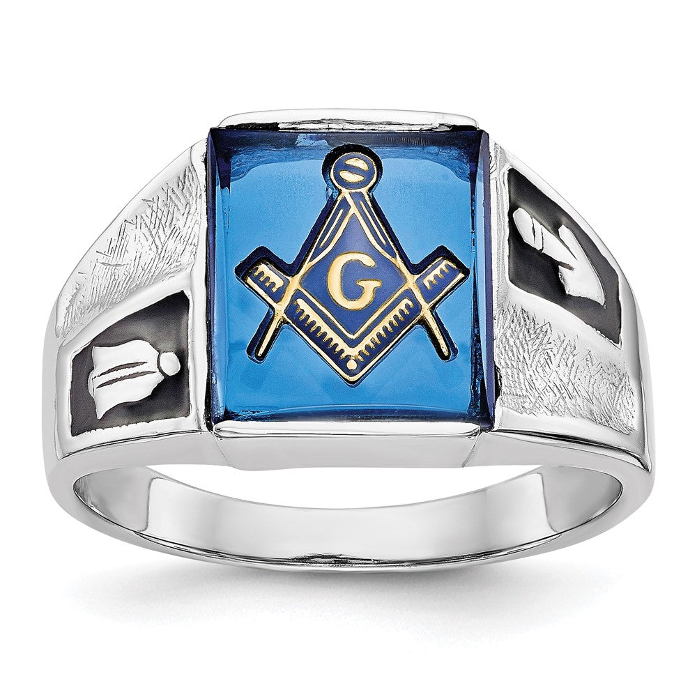 14k White Gold Men's Polished and Textured with Black Enamel and Imitation Blue Spinel Masonic Ring