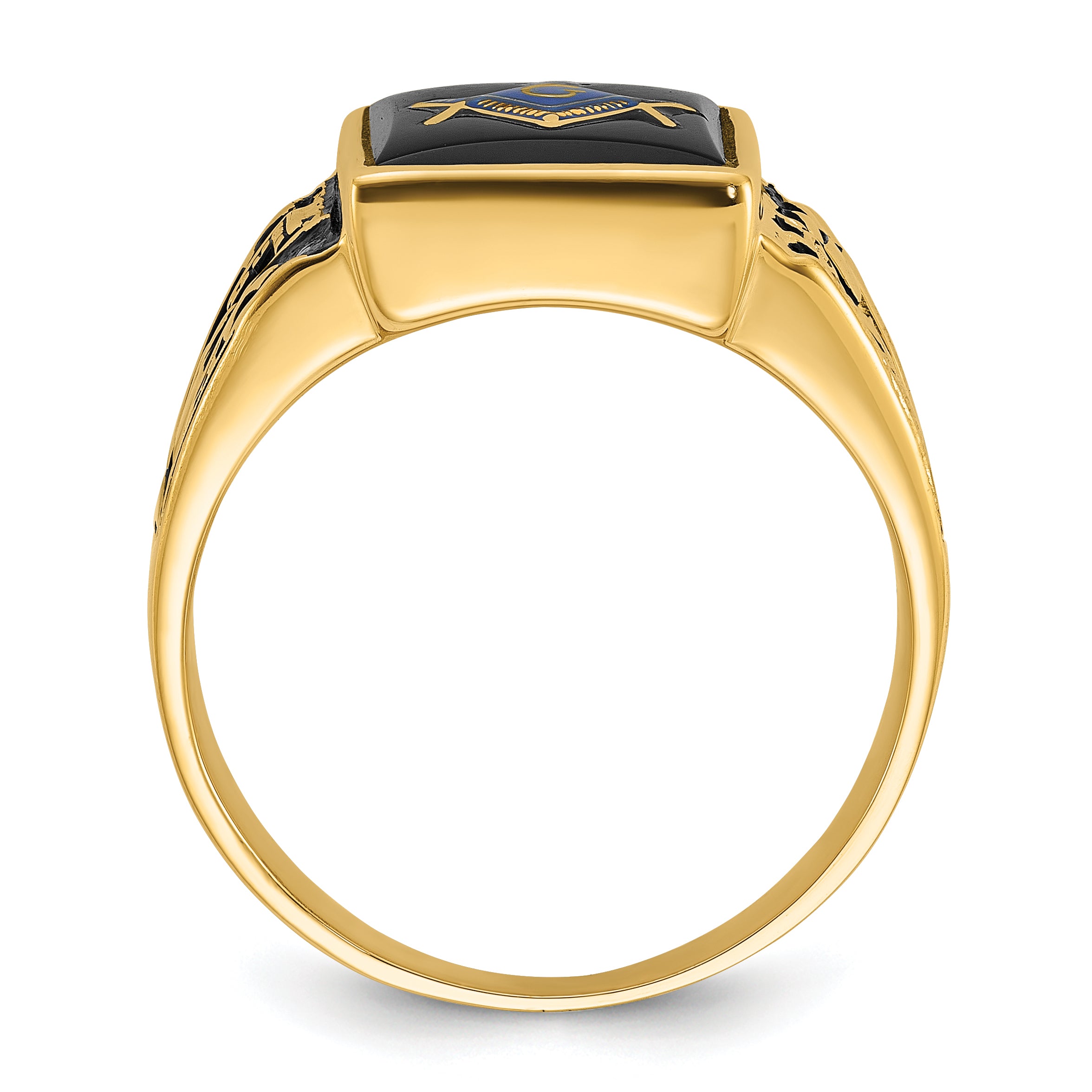 14k Men's Polished and Textured with Black Enamel and Onyx Masonic Ring