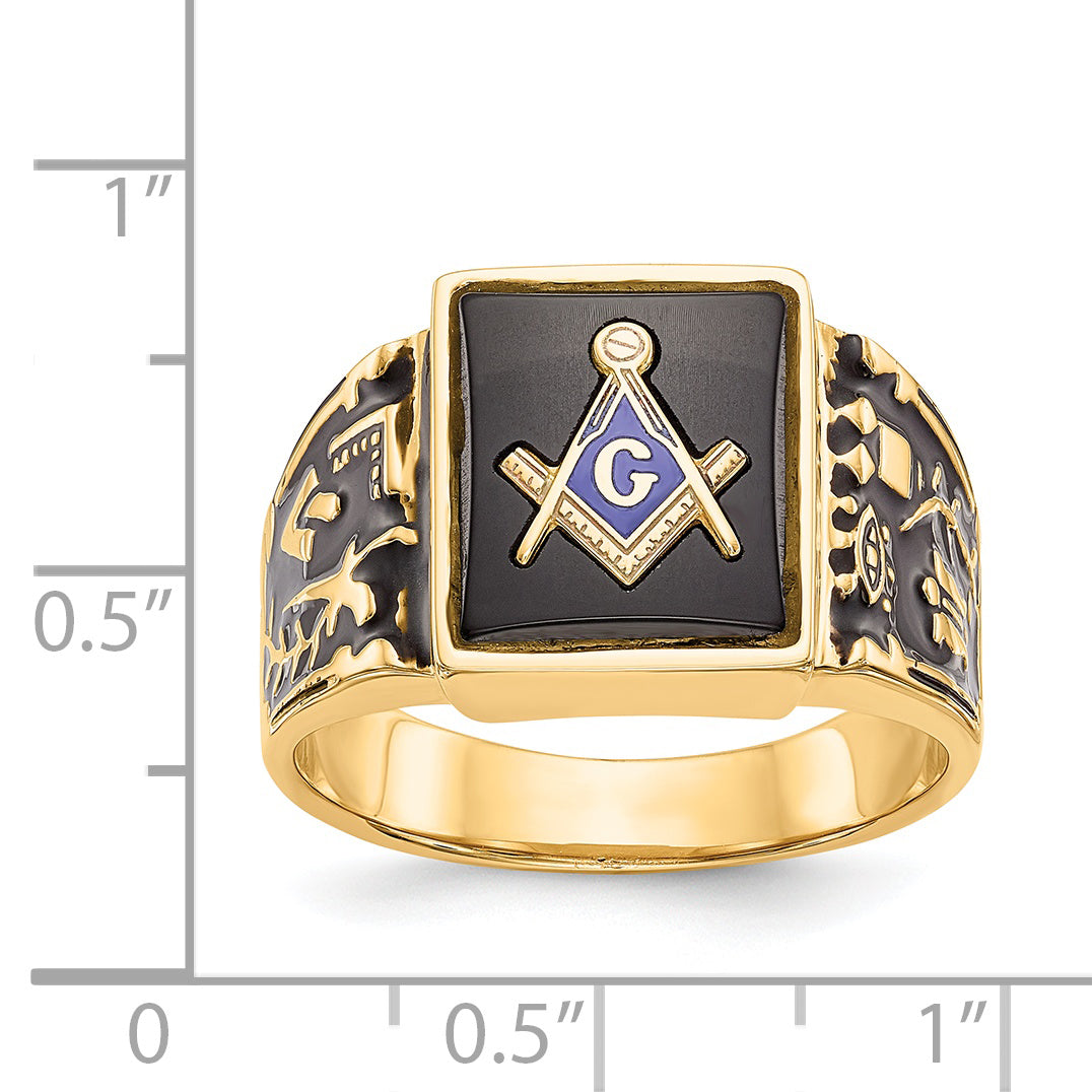 14k Men's Polished and Textured with Black Enamel and Onyx Masonic Ring
