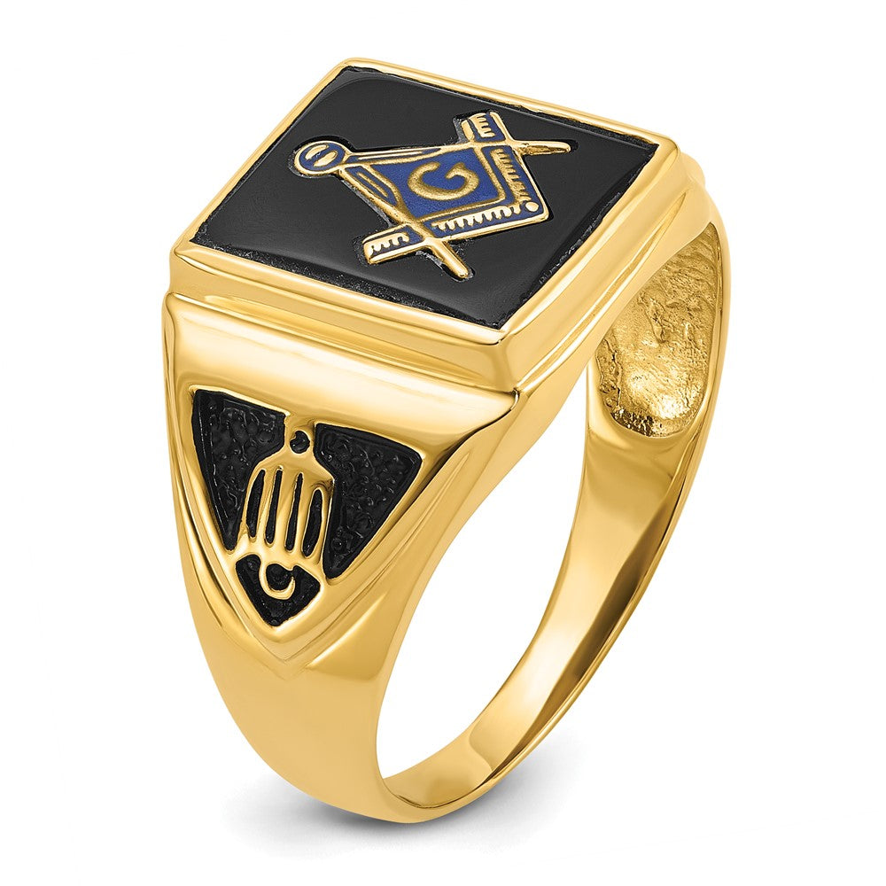 14k Men's Polished, Antiqued & Textured Onyx Masonic Ring