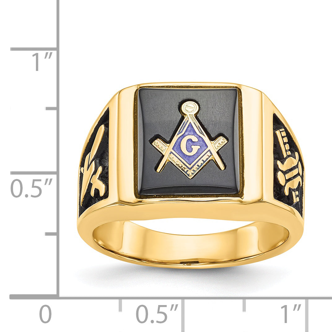 14k Men's Polished and Textured with Black Enamel & Onyx Masonic Ring