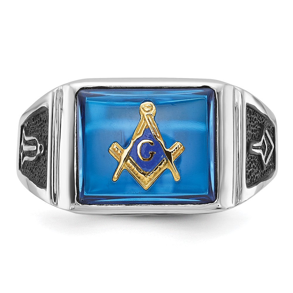 14k White Gold Men's Polished and Textured with Black Enamel and Imitation Blue Spinel Masonic Ring