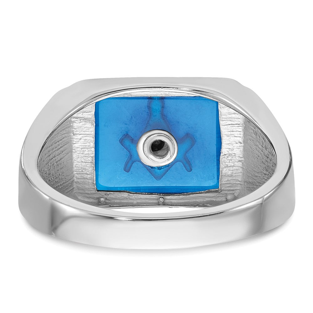 14k White Gold Men's Polished and Textured with Black Enamel and Imitation Blue Spinel Masonic Ring