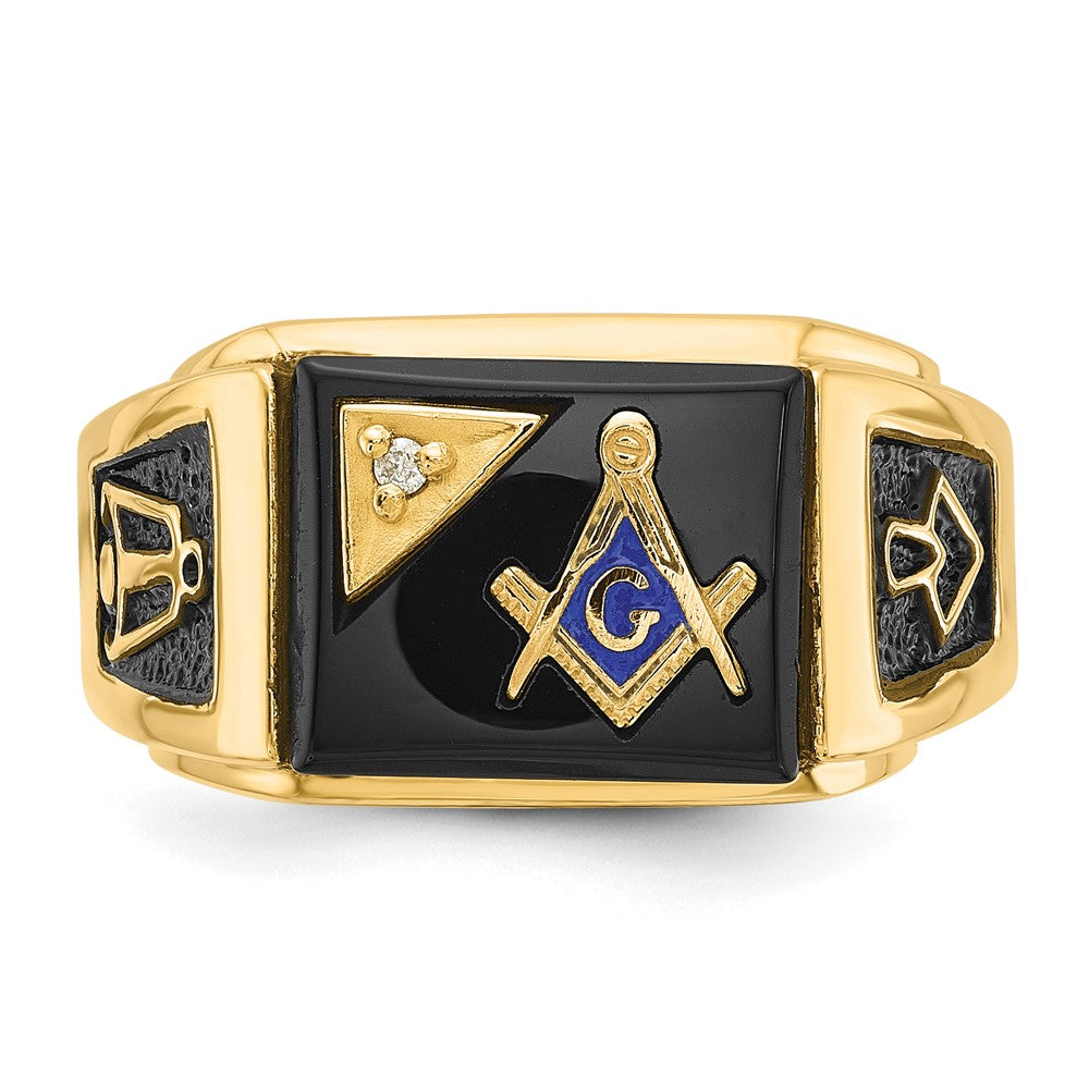 14k Men's Polished and Textured with Black Enamel, Onyx and AA Quality Diamond Masonic Ring