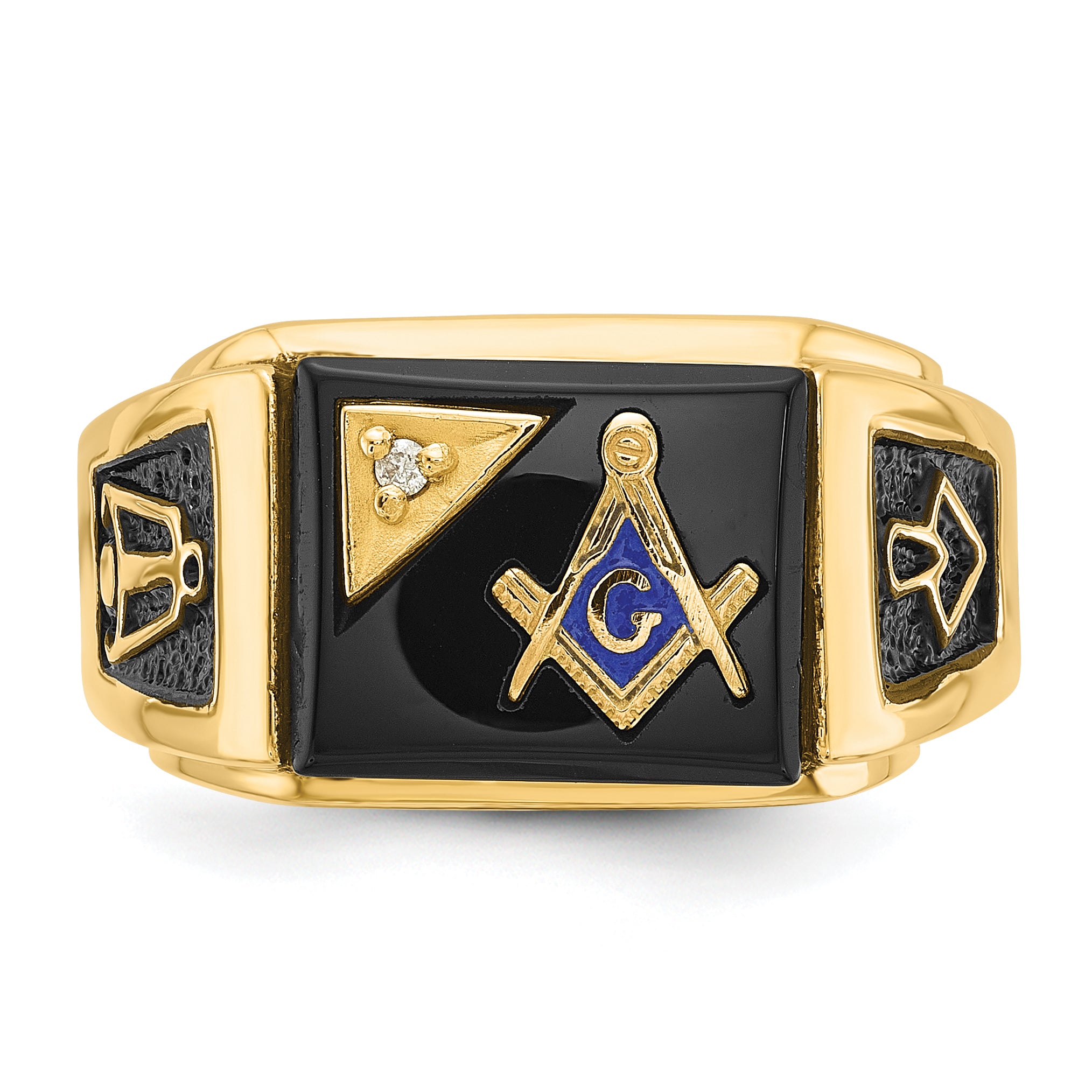 14k Men's Polished and Textured with Black Enamel, Onyx and AA Quality Diamond Masonic Ring