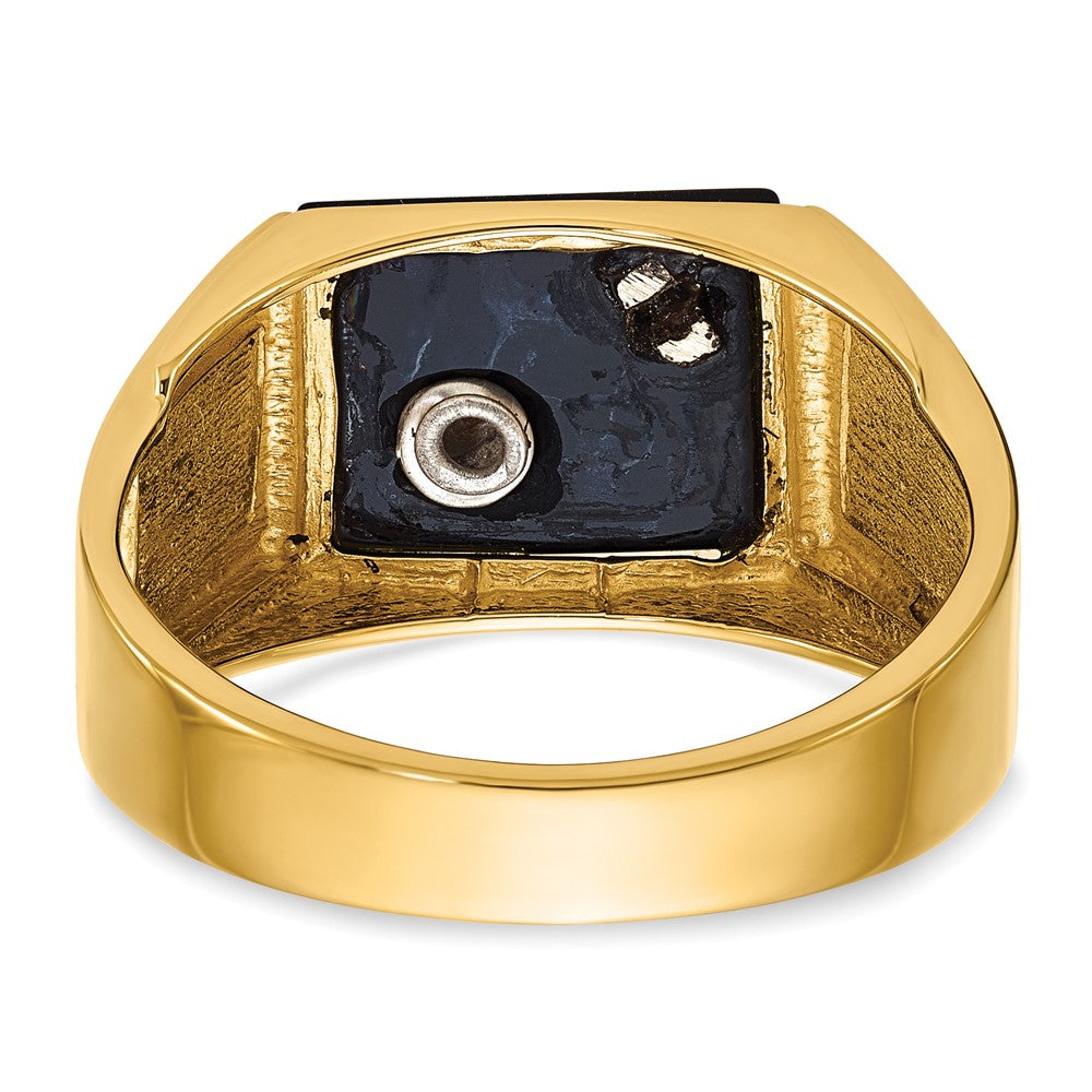 14k Men's Polished and Textured with Black Enamel, Onyx and AA Quality Diamond Masonic Ring