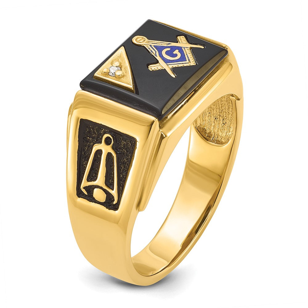 14k Men's Polished and Textured with Black Enamel, Onyx and AA Quality Diamond Masonic Ring
