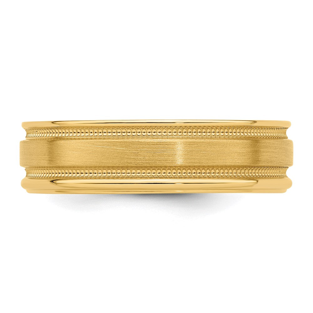 14k Yellow Gold 6mm Standard Weight Comfort Fit Brushed Satin/Polished Milgrain Grooved Edge Wedding Band Size 13.5