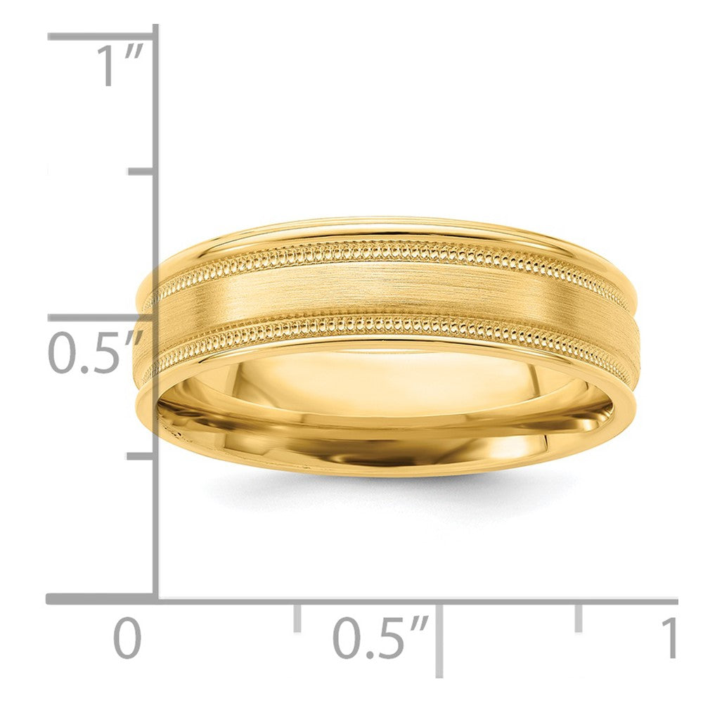 14k Yellow Gold 6mm Heavyweight Comfort Fit Brushed Satin/Polished Milgrain Grooved Edge Wedding Band Size 9