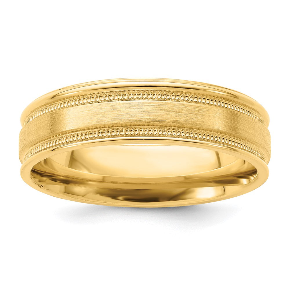 14k Yellow Gold 6mm Lightweight Comfort Fit Brushed Satin/Polished Milgrain Grooved Edge Wedding Band Size 9.5